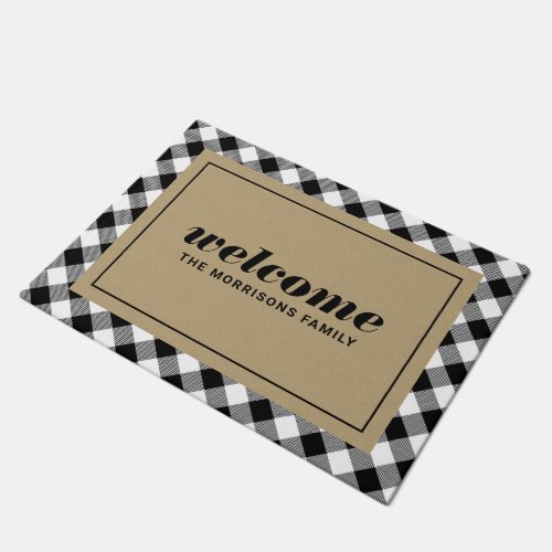 Black and White Plaid Personalized Welcome Doormat
