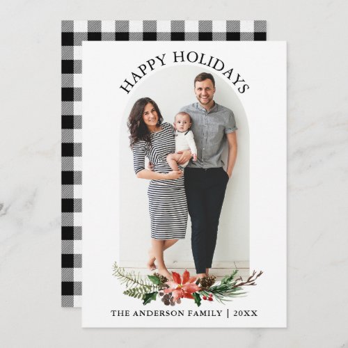 Black and White Plaid Photo Arch Poinsettia Holiday Card
