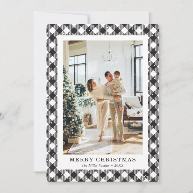 Black and White Plaid Photo Merry Christmas Card (Front)