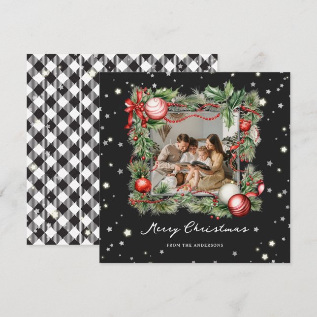 Black and White Plaid Photo Merry Christmas Card (Front/Back)