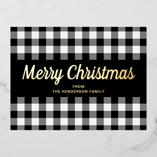 Black And White Plaid Script Christmas Gold Foil Holiday Postcard (Front)