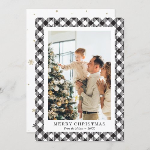 Black and White Plaid Snow Photo Merry Christmas Holiday Card