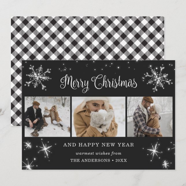 Black and White Plaid Snowflake 3 Photo Collage Holiday Card (Front/Back)