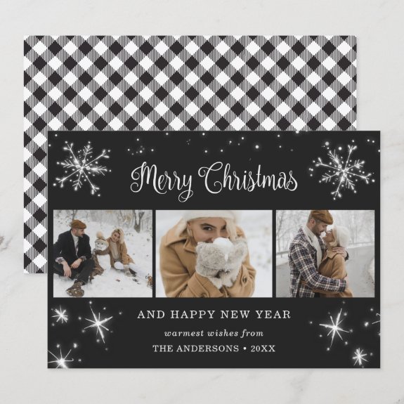 Black and White Plaid Snowflake 3 Photo Collage Christmas Card