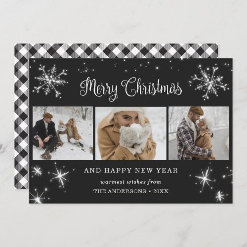 Black and White Plaid Snowflake 3 Photo Collage Holiday Card