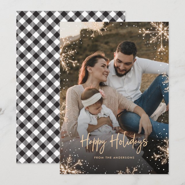 Black and White Plaid Sparkly Snowflake Snow Photo Holiday Card (Front/Back)