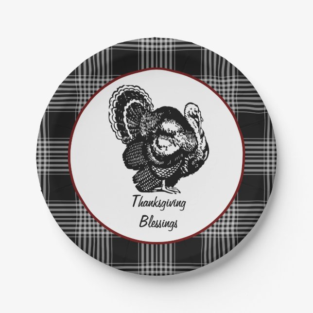 Black and White Plaid Thanksgiving Blessings Paper Plates (Front)