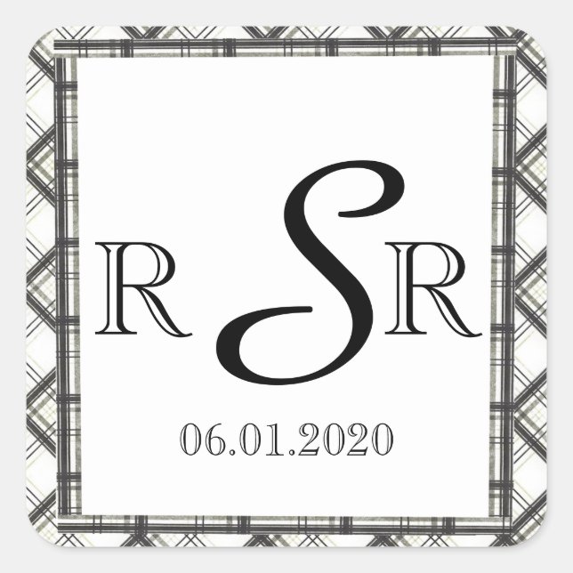 Black and White Plaid Wedding Monogram Square Sticker (Front)