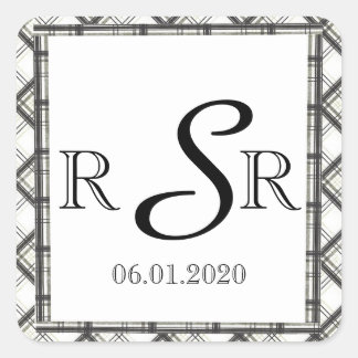 Black and White Plaid Wedding Monogram Square Sticker