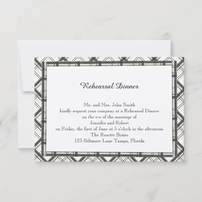 Black and White Plaid Wedding Rehearsal Invitation (Front)