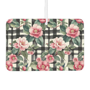 Black and White Plaid With Leafy Pink Camellias Air Freshener