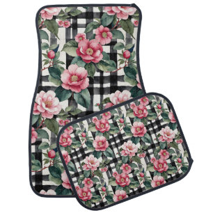 Black and White Plaid With Leafy Pink Camellias Car Floor Mat