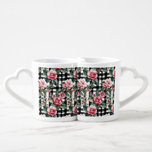 Black and White Plaid With Leafy Pink Camellias Coffee Mug Set