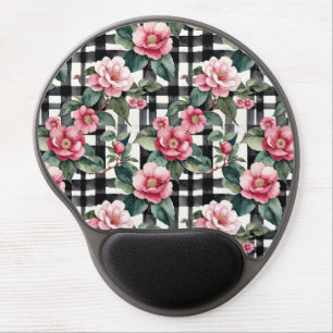 Black and White Plaid With Leafy Pink Camellias Gel Mouse Pad
