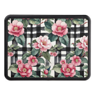 Black and White Plaid With Leafy Pink Camellias Hitch Cover