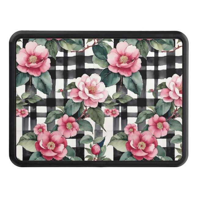 Black and White Plaid With Leafy Pink Camellias Hitch Cover (Front)