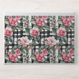 Black and White Plaid With Leafy Pink Camellias HP Laptop Skin