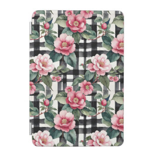 Black and White Plaid With Leafy Pink Camellias iPad Mini Cover
