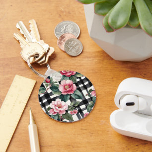 Black and White Plaid With Leafy Pink Camellias Keychain