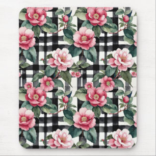 Black and White Plaid With Leafy Pink Camellias Mouse Pad