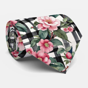 Black and White Plaid With Leafy Pink Camellias Neck Tie