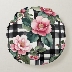 Black and White Plaid With Leafy Pink Camellias Round Pillow