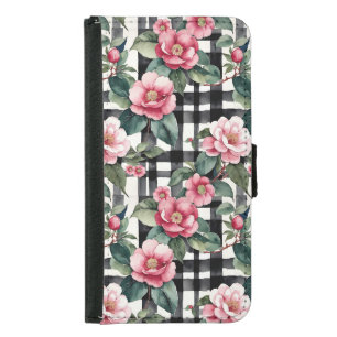 Black and White Plaid With Leafy Pink Camellias Samsung Galaxy S5 Wallet Case