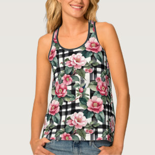 Black and White Plaid With Leafy Pink Camellias Tank Top