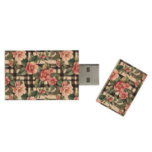Black and White Plaid With Leafy Pink Camellias Wood Flash Drive