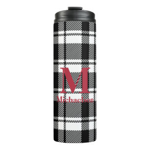 Black and White Plaid with Monogram Name Thermal Tumbler