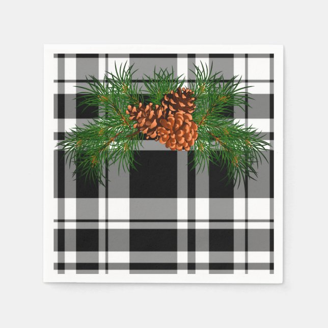 Black and White Plaid with pine cone detail Napkins (Front)