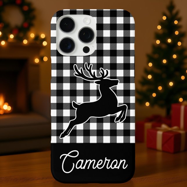 Black and White Plaid with Reindeer Custom Name Case-Mate iPhone Case (Creator Uploaded)