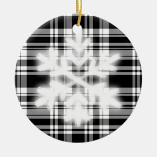 Black and White Plaid with snow flake detail Ceram Ceramic Ornament