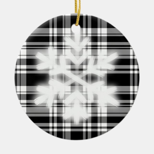 Black and White Plaid with snow flake detail Ceram Ceramic Ornament (Front)