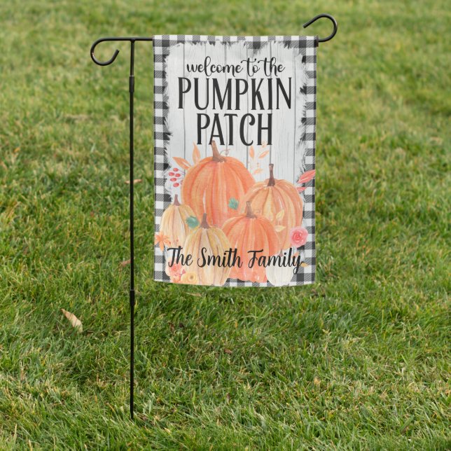 Black and White Plaids Pumpkin Autumn Fall Flag (In SItu)