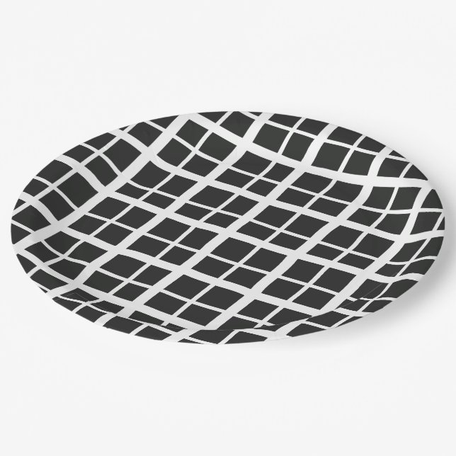 Black And White Playful Fall Plaid Halloween Paper Plates (Angled)