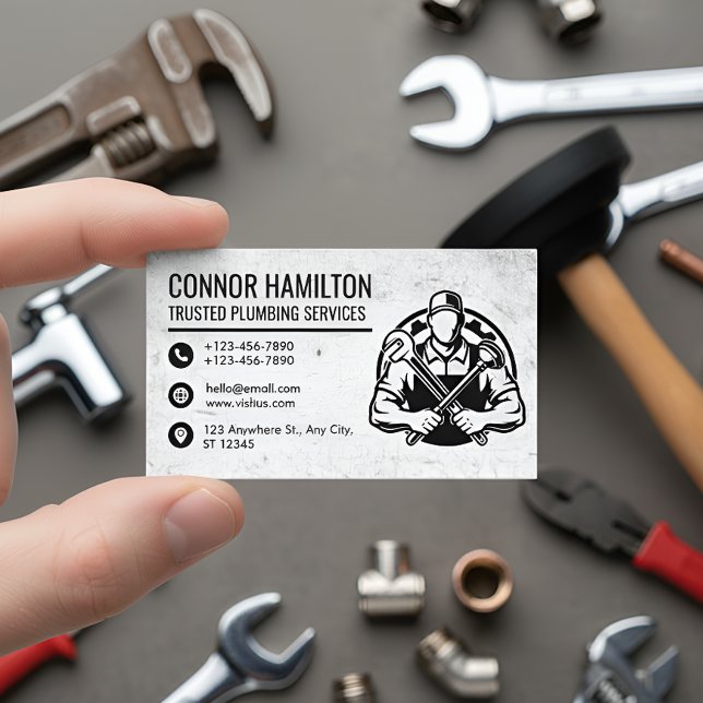 Black and White Plumber Illustration Business Card (Creator Uploaded)