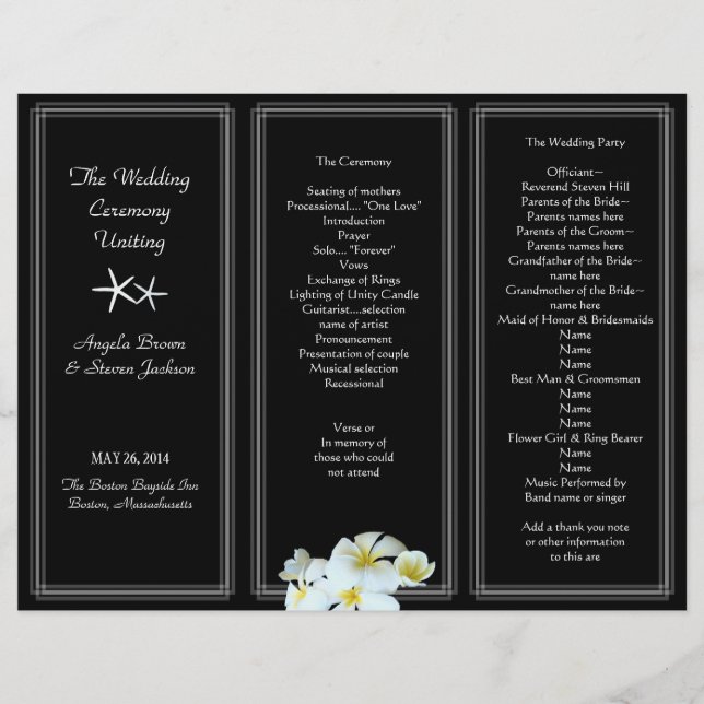 Black and White Plumeria Wedding Program Template (Front)