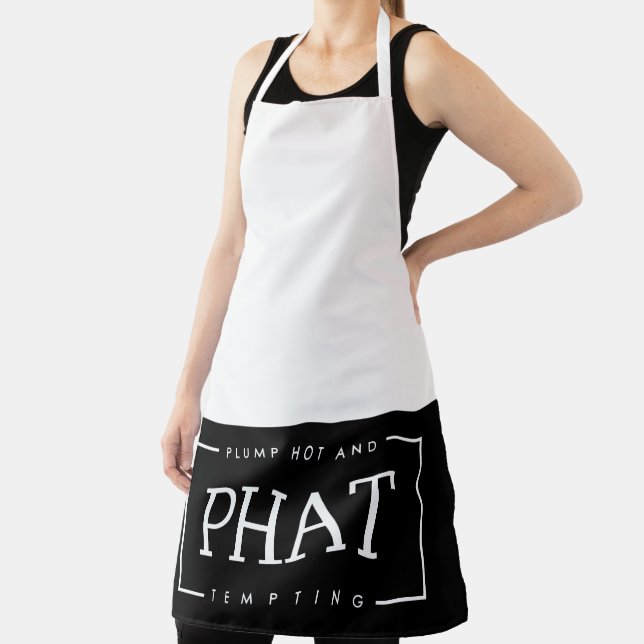 black and white Plump Hot And Tempting PHAT Apron (Insitu)