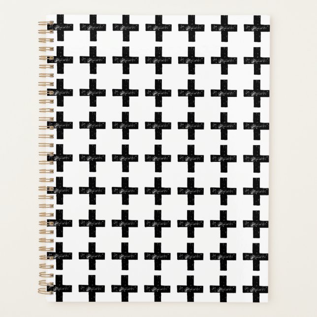Black and White "Plus" Math Symbol Lino Cut Planner (Front)
