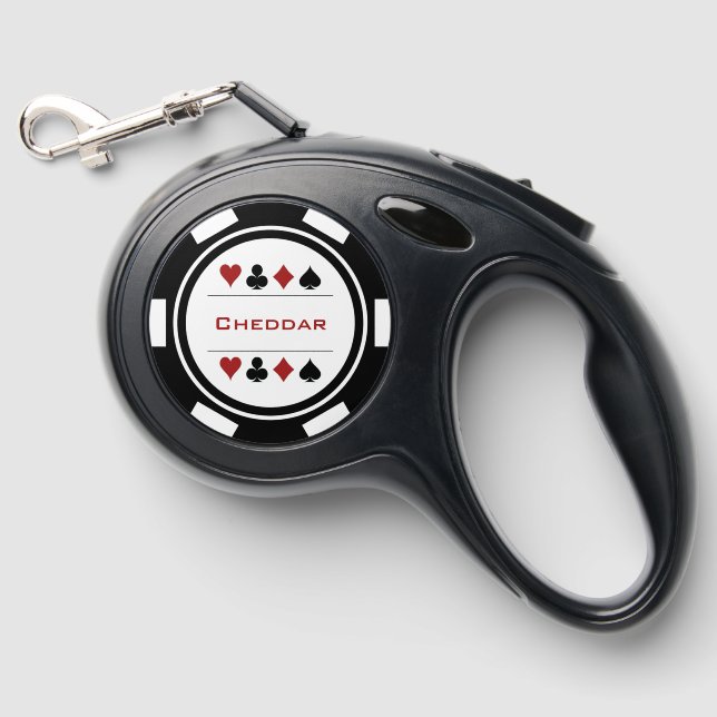 Black and White Poker Chip Casino Retractable Pet Leash (Front)