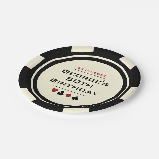 Black and White Poker Chip Casino Theme Birthday Paper Plates (Angled)