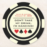Black and White Poker Chip I'm Dancing Drink Round Paper Coaster<br><div class="desc">Don't let all that delicious alcohol go to waste by having your guest's unfinished drink glasses scooped up while they're dancing up a storm. Give each guest this custom black and white poker chip paper coaster to place over their glass when they hit the dance floor!</div>