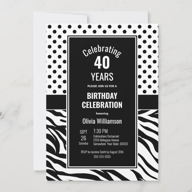 Black and White Polka Dot 40th Birthday Party Invitation (Front)
