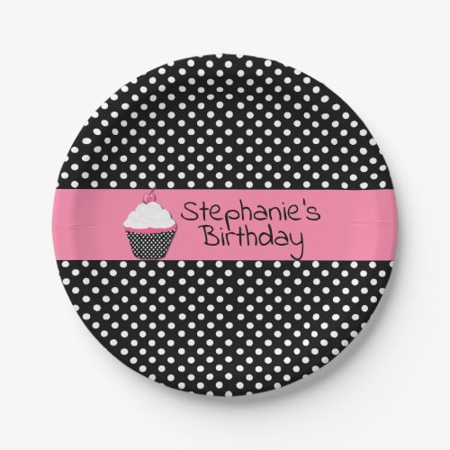 Black and White Polka Dot Cupcake Paper Plate