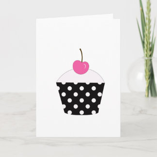 Black and White Polka Dot Cupcake With Pink Cherry Card