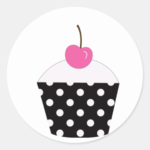Black and White Polka Dot Cupcake With Pink Cherry Classic Round Sticker