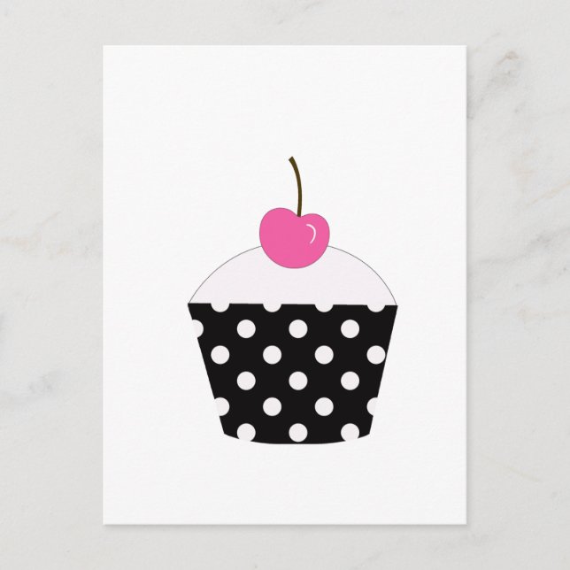 Black and White Polka Dot Cupcake With Pink Cherry Postcard (Front)