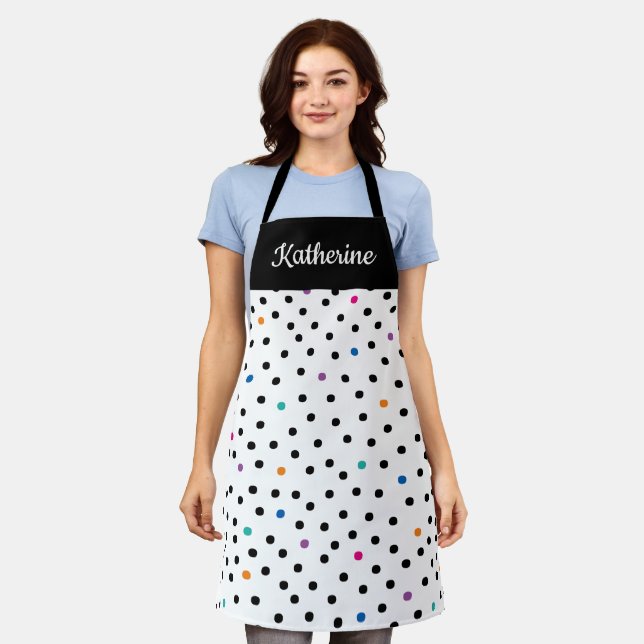 Black and White Polka Dot Custom Name Apron (Worn)