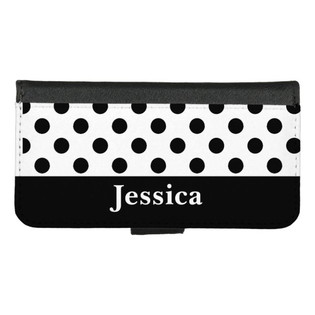 Black and White Polka Dot Custom Name iPhone Wallet Case (Front (Horizontal))